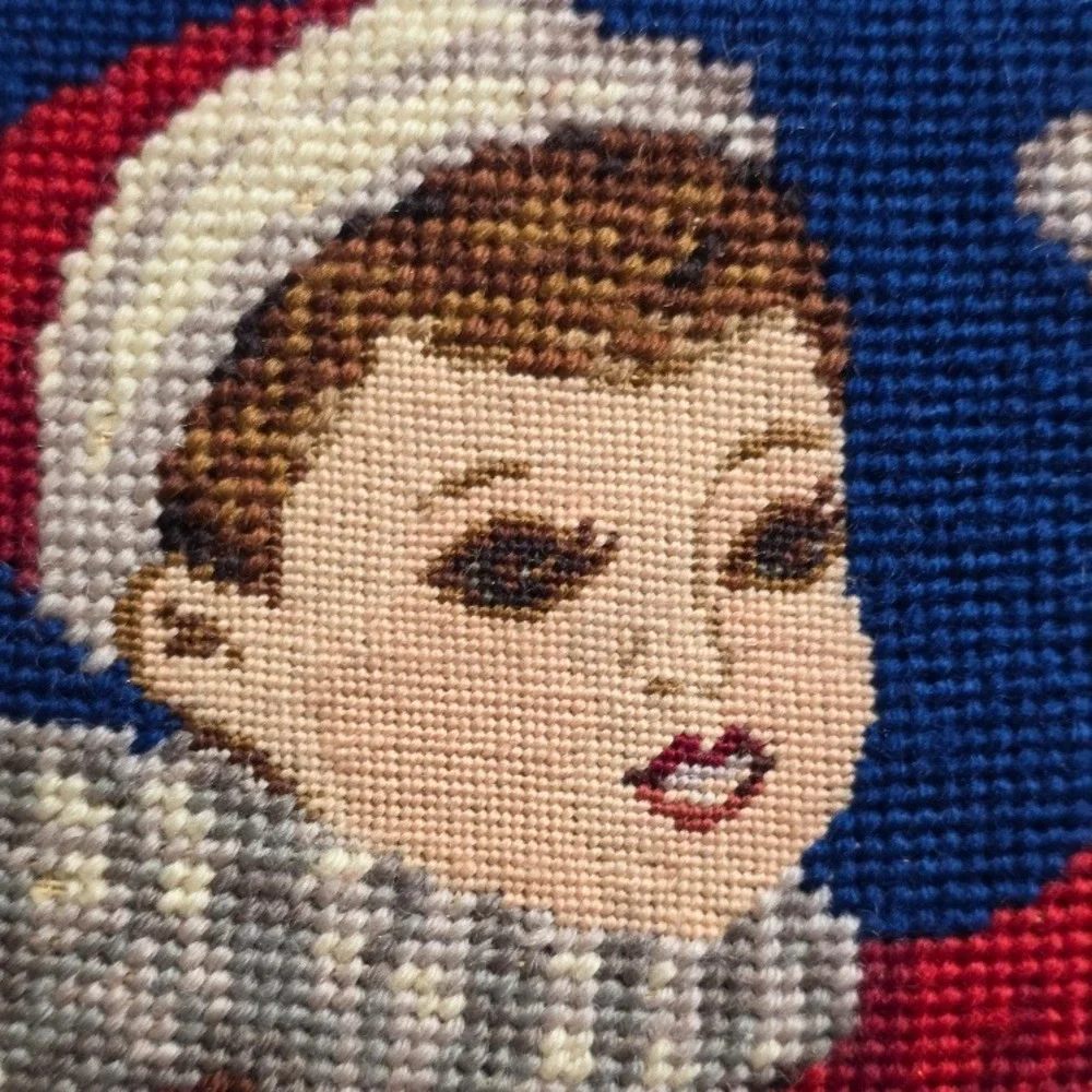 Vintage Christmas Needlepoint Throw Pillow, Little Drummer, Red Corduroy 15